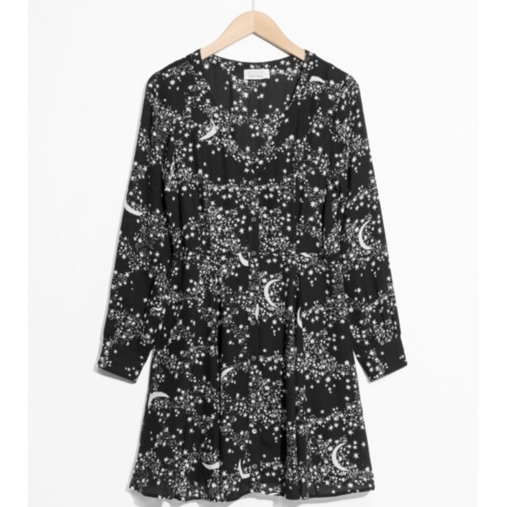 & Other Stories Crescent Moon Star Celestial Black Button Front Dress Size 6